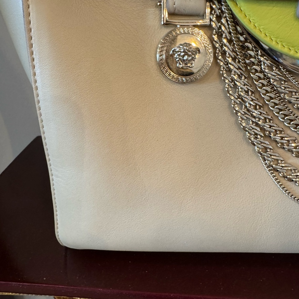 Versace Medusa Signature Satchel DBFD705 Cream Yellow Leather Chain Tote Purse - Picture 7 of 16